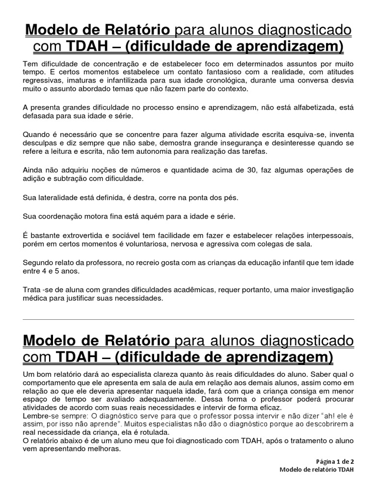 Modelo de Relatório para Aluno com TDAH | PDF | Transtorno de déficit ...