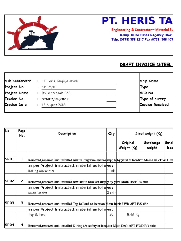 Invoice for Steel Works - BG. Marcopolo 268 | PDF | Ships | Watercraft
