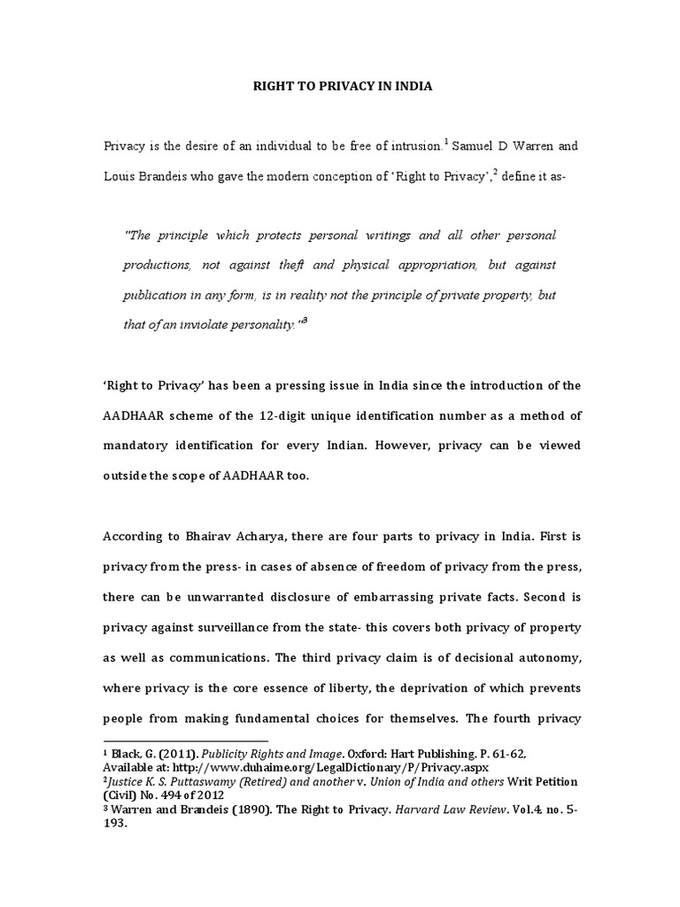 Right to Privacy in India: A Legal Overview | PDF | Privacy | Right To ...
