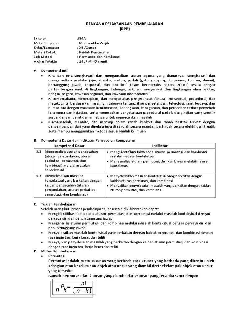 Rpp Permutasi Dan Kombinasi Edit Oke Docx