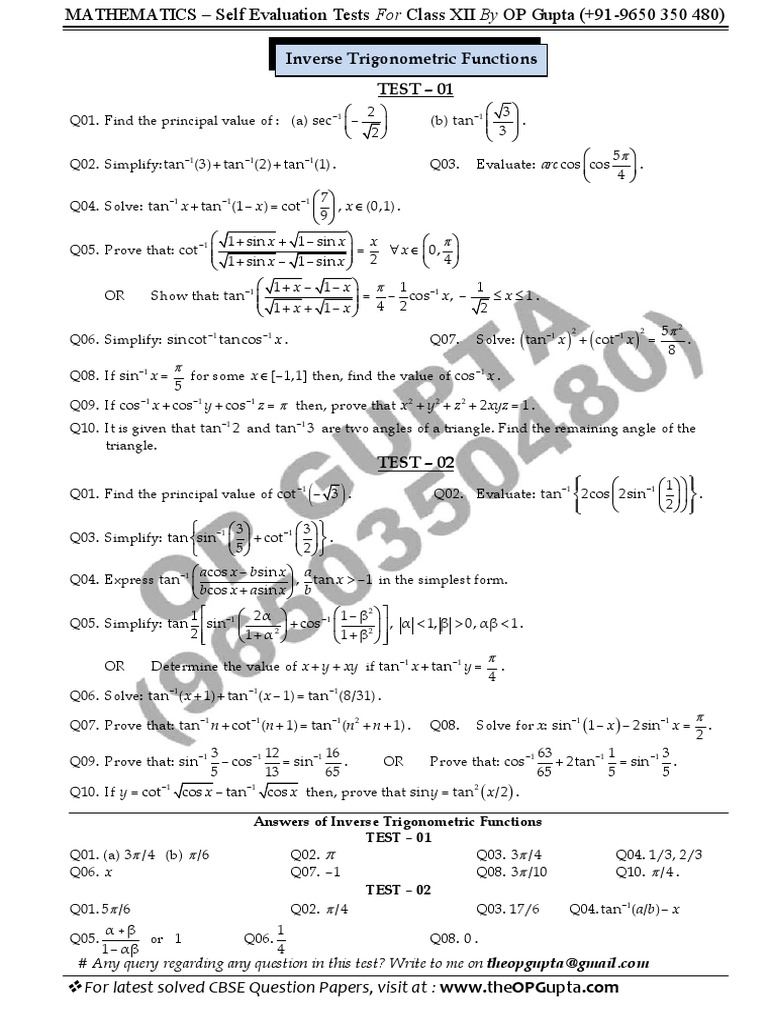 Answers of Inverse Trigonometric Functions TEST 01 PDF