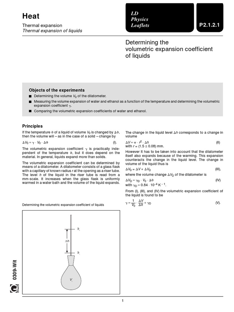Determining The Volumetric Expansion Coefficient of Liquids PDF Thermal Expansion Thermometer