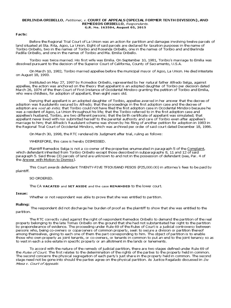 Partition Dispute: Oribello Case Ruling | PDF | Concurrent Estate | Lawsuit