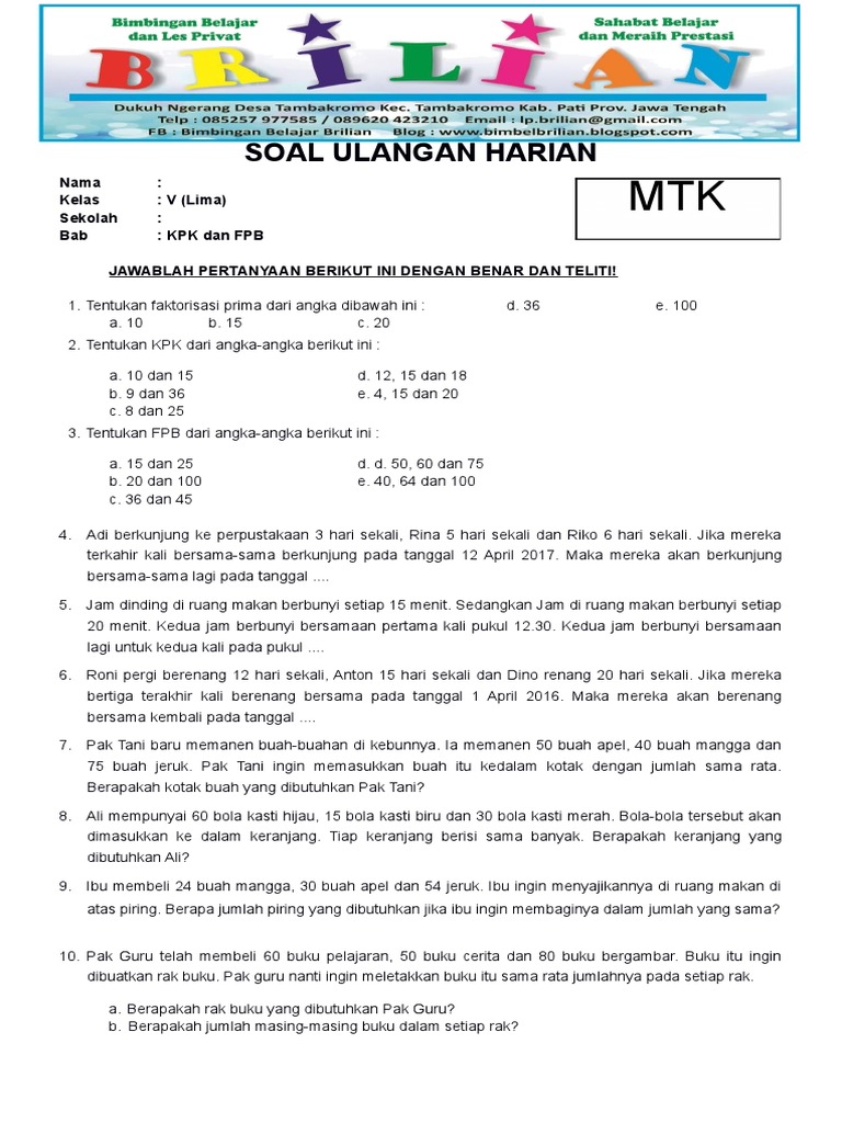 Soal Kpk Dan Fpb Kelas 5 Sd Doc