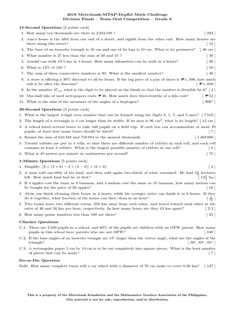 MMC Questions For Division Finals Grade 6 PDF Elementary Geometry
