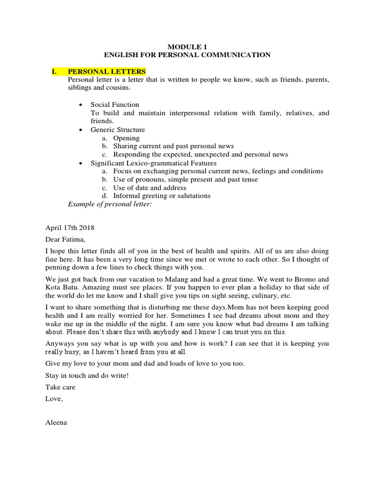 English For Personal Communication I. Personal Letters: Example of ...