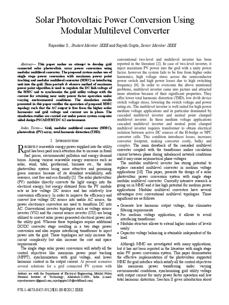Solar Photovoltaic Power Conversion Using Modular Multilevel Converter ...
