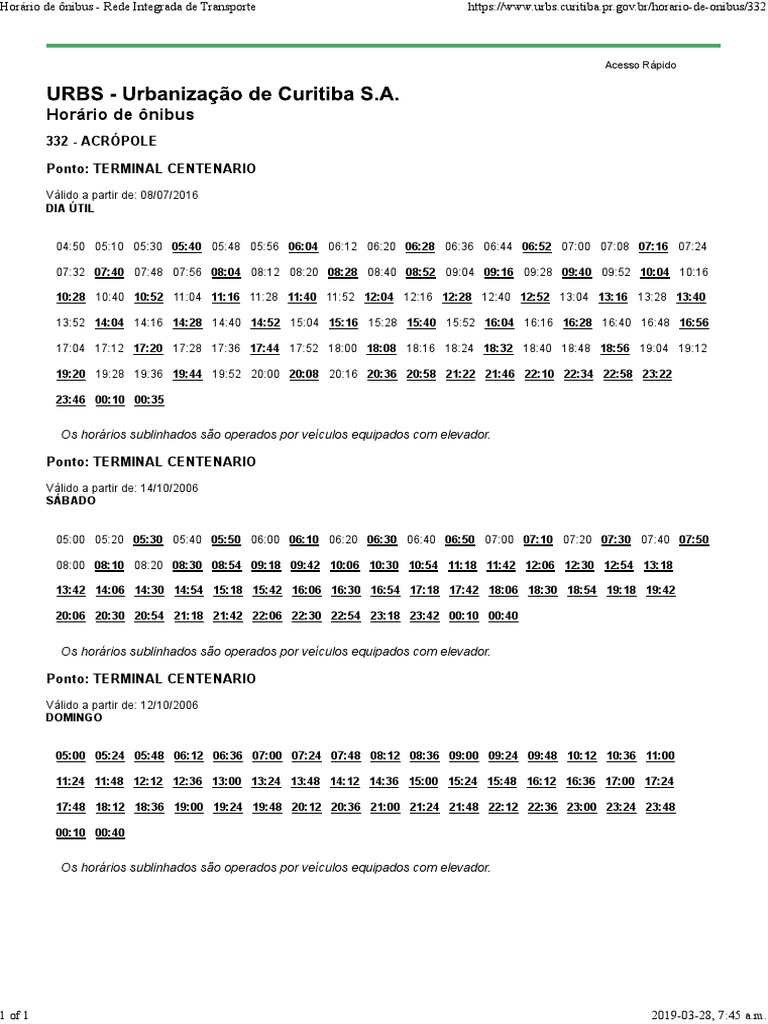 Horário de Ônibus 332 Acrópole Ponto Terminal Centenario PDF