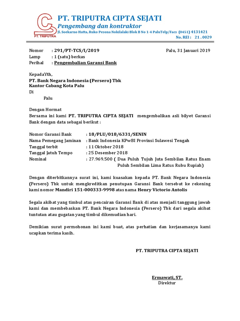 Contoh Surat Penarikan Bank Garansi