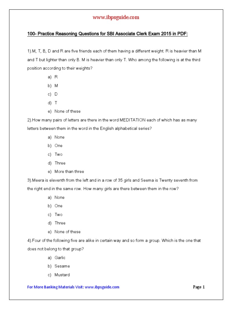 100 SBI Clerk Reasoning Questions PDF | PDF | Alphabet | Question