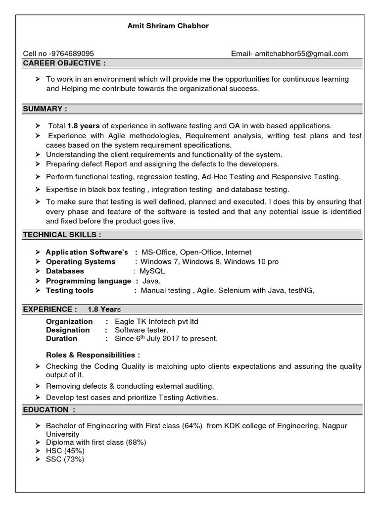 Software Tester Resume - Amit Chabhor | PDF | Software Testing ...
