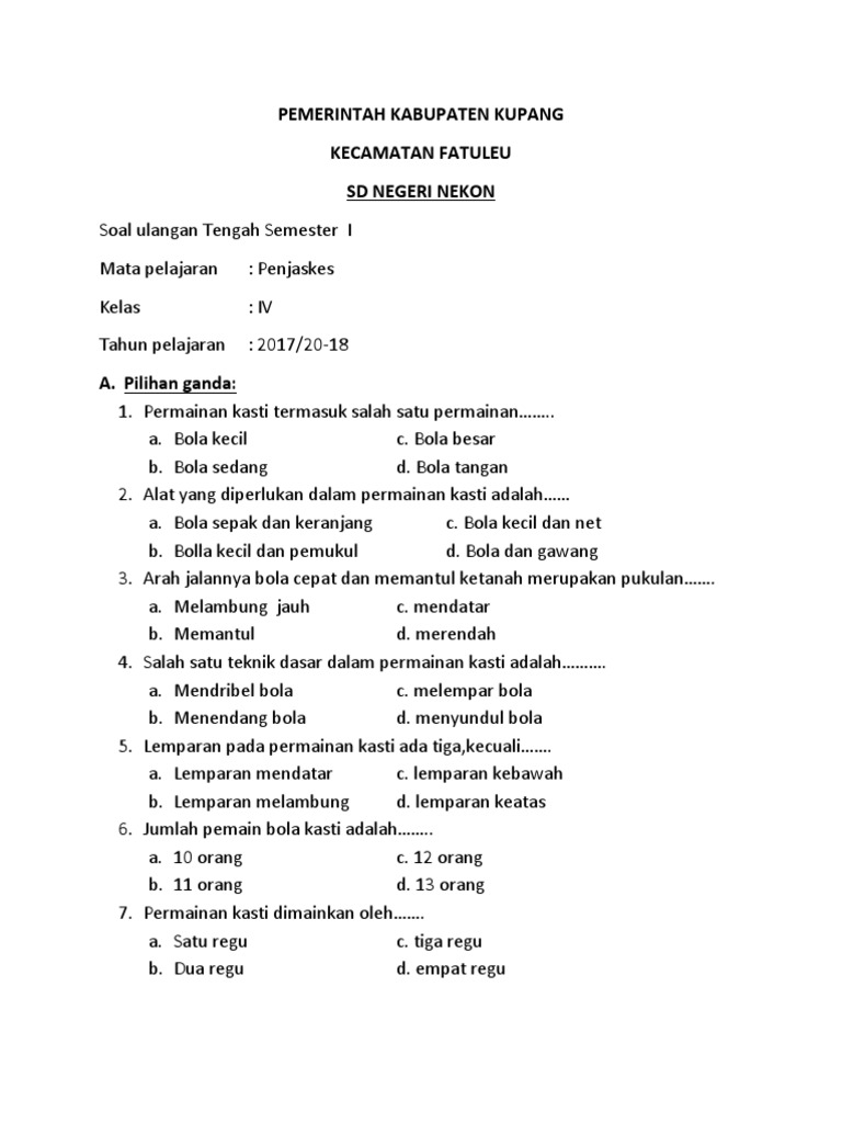 Contoh Soal Pjok Materi Kasti