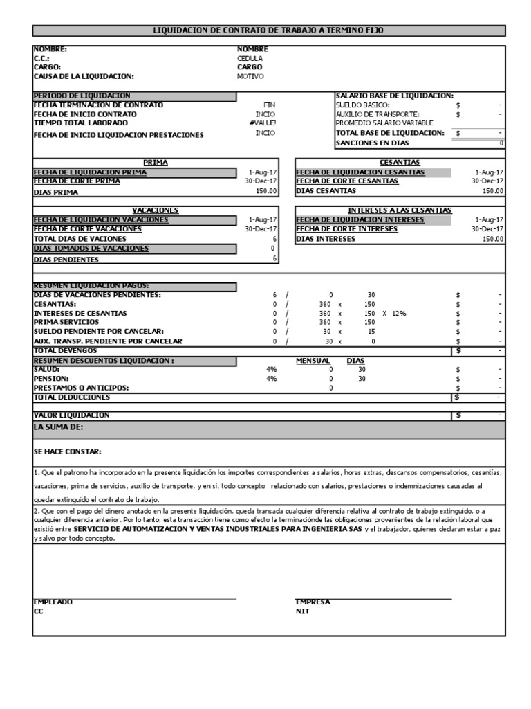 Formato para Liquidar Contrato de Trabajo A Termino Fijo | PDF ...