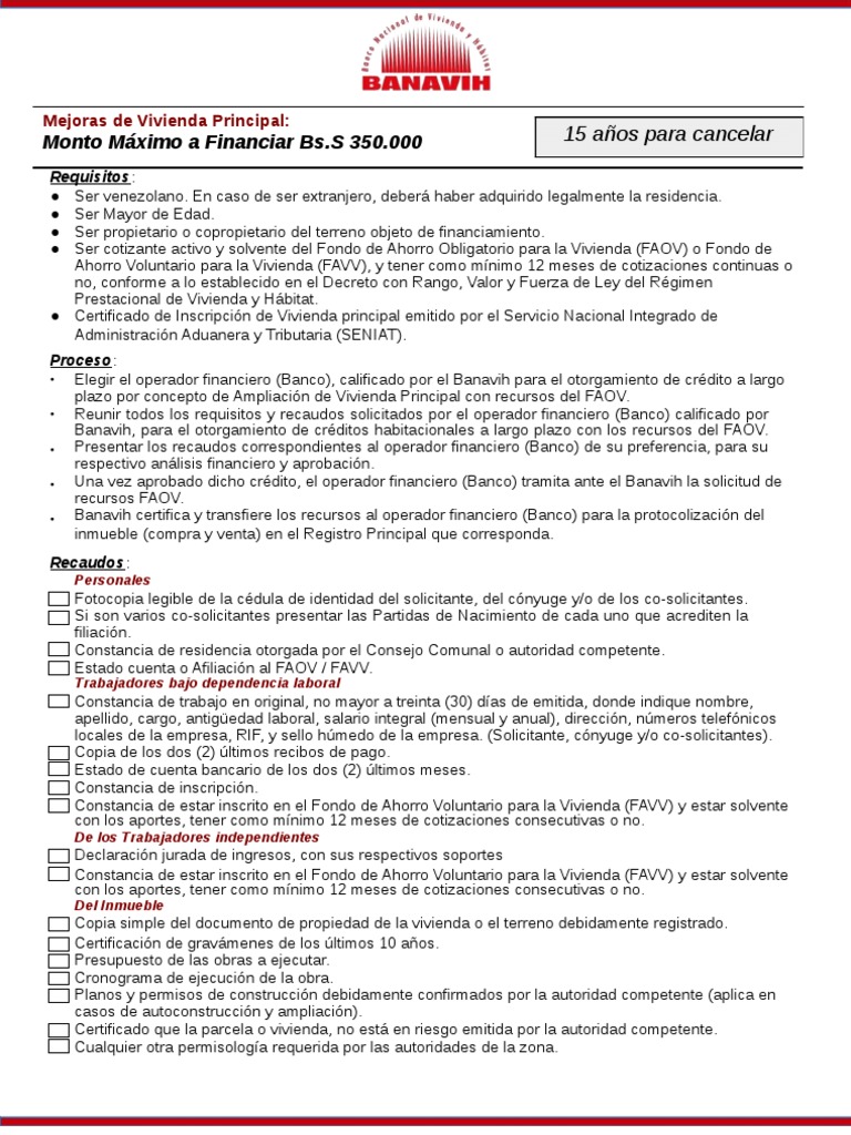 BANAVIH-Recaudos Mejoras de Vivienda Principal | PDF | Bancos | Gobierno