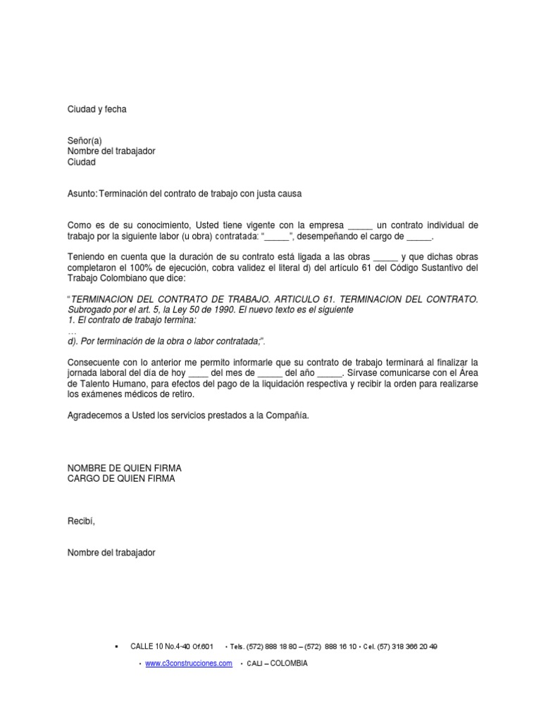Carta de Terminación Contrato de Duracion Por Obra o Labor PDF