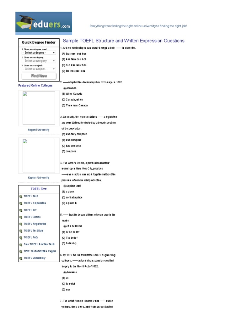 Sample TOEFL Structure and Written Expression Questions | PDF | Test Of ...