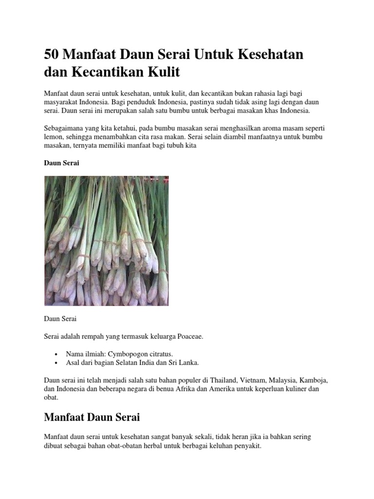 50 Manfaat Daun Serai Untuk Kesehatan Dan Kecantikan Kulit