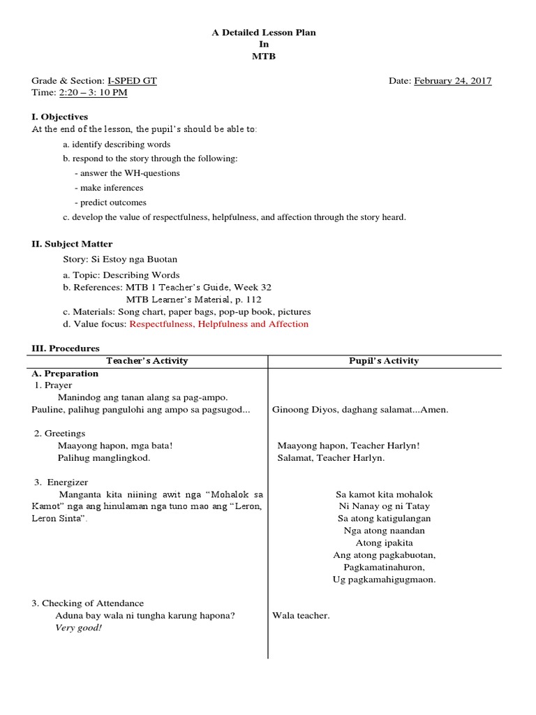 MTB Detailed Lesson Plan | PDF