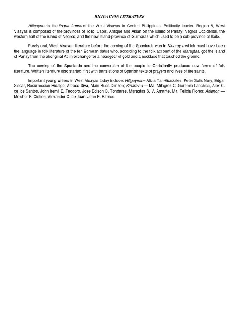 Hiligaynon Literature in West Visayas | PDF