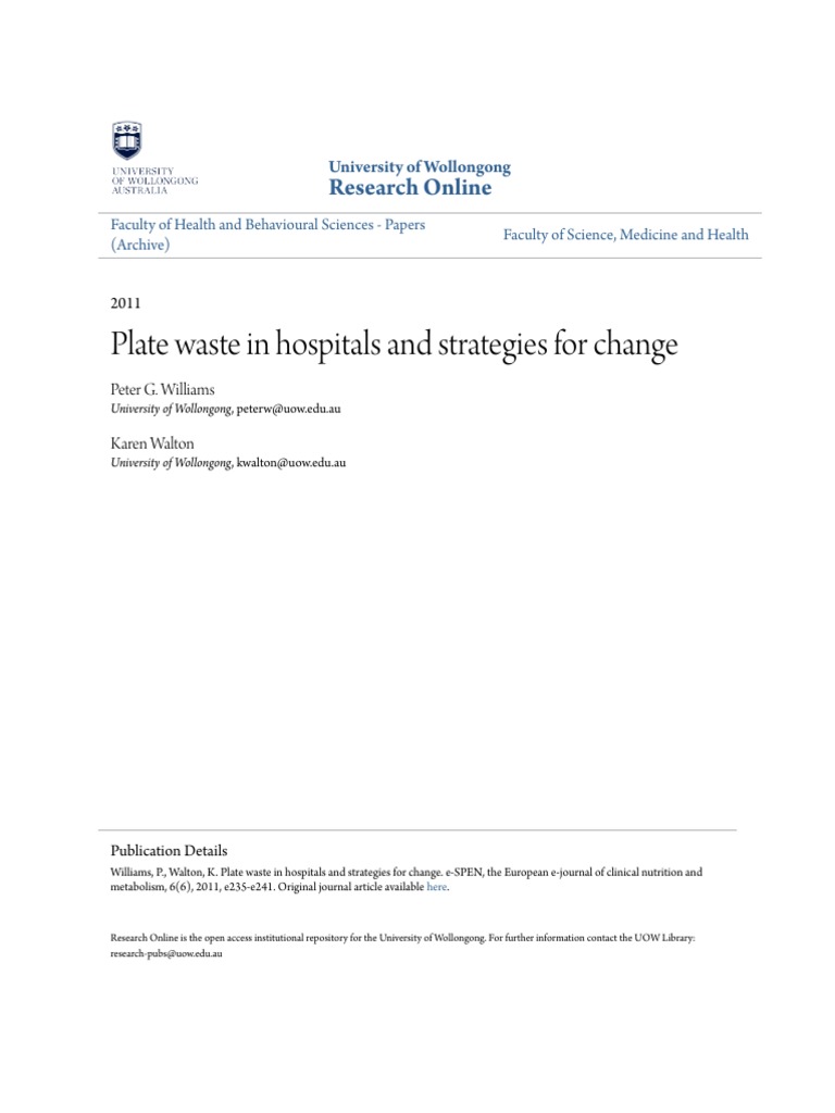 Plate Waste in Hospitals and Strategies For Change Research Online