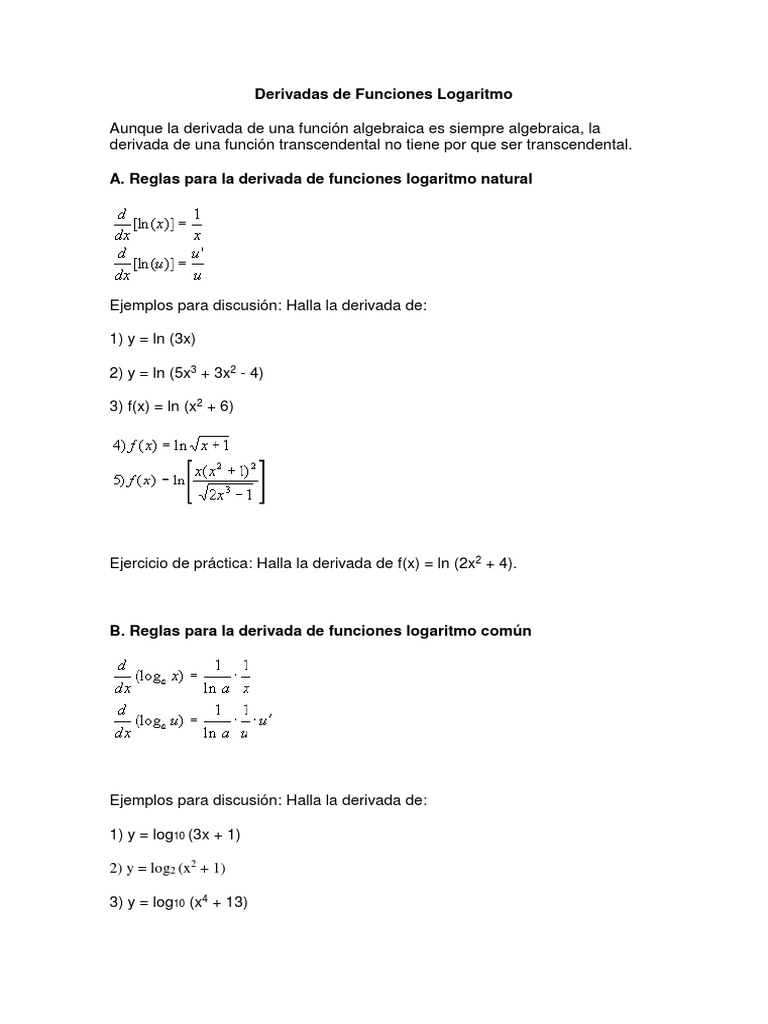 Derivadas De Funciones Logaritmo Logaritmo Numeros