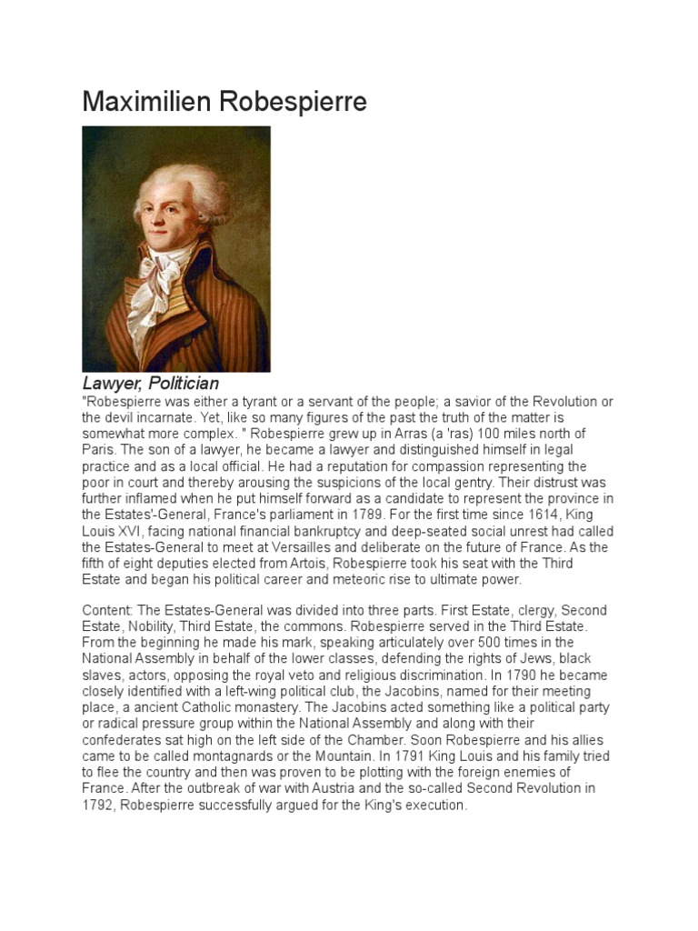 Maximilien Robespierre Lawyer, Politician PDF Maximilien