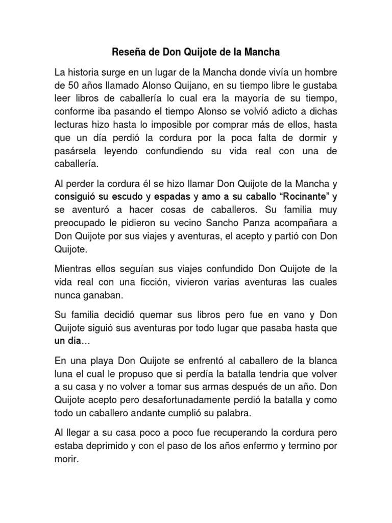 Resumen De Don Quijote Dela Mancha Completo