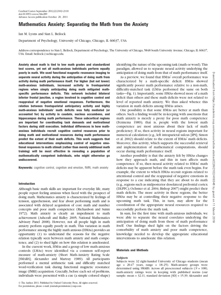 Understanding Math Anxiety with fMRI | PDF | Functional Magnetic ...