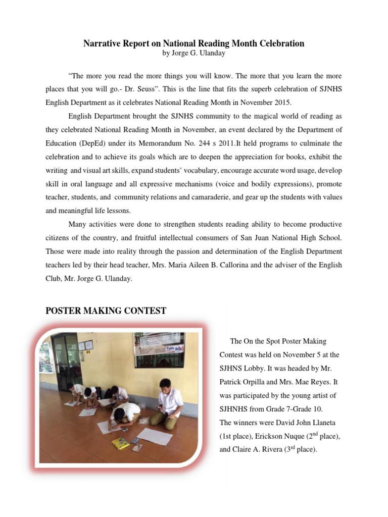Narrative Report on National Reading Month Celebration | Cognitive ...