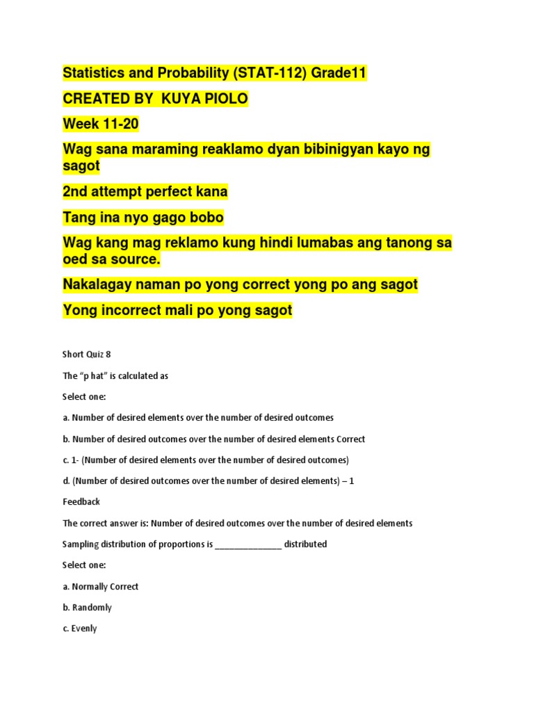 Statistics And Probability Stat 112 Grade11 Week 11 leb Docx Margin Of Error Statistical Hypothesis Testing