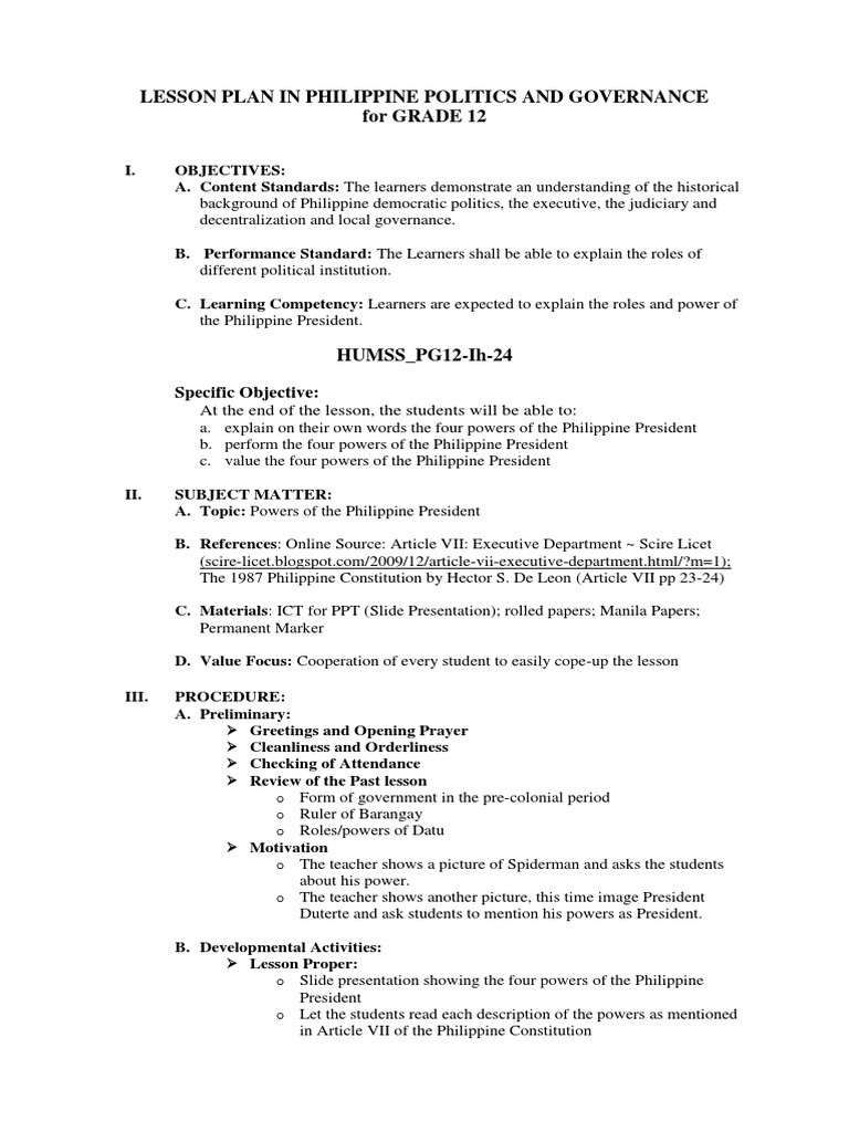 Lesson Plan in Philippine Politics and Governance For GRADE 12 | PDF ...