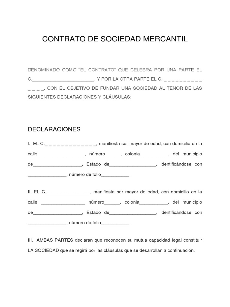 Formato Del Contrato de Sociedad Mercantil | PDF | Sociedad de  responsabilidad limitada | Gobierno