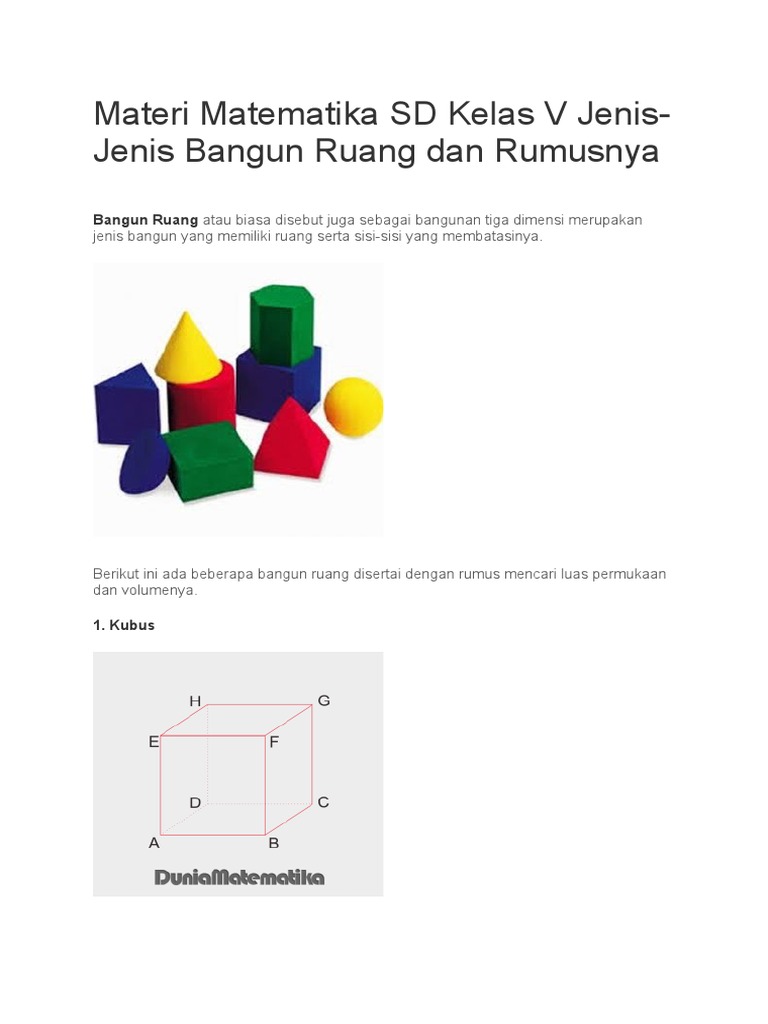 Materi Bangun Ruang Kelas 1 Sd Berbagai Ruang