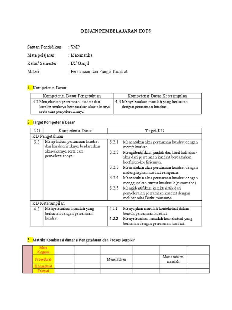 9 Desain Pengembangan Pembelajaran Hots Kelas 9 Persamaan Dan Fungsi Kuadrat