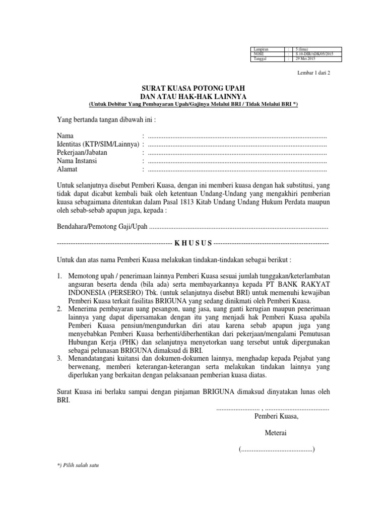 Surat Kuasa Potong Upah BRI  PDF