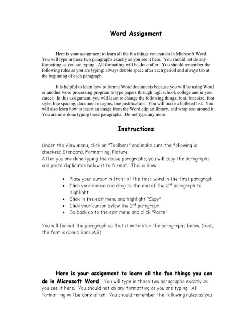 Word Assignment Pdf Microsoft Word Paragraph