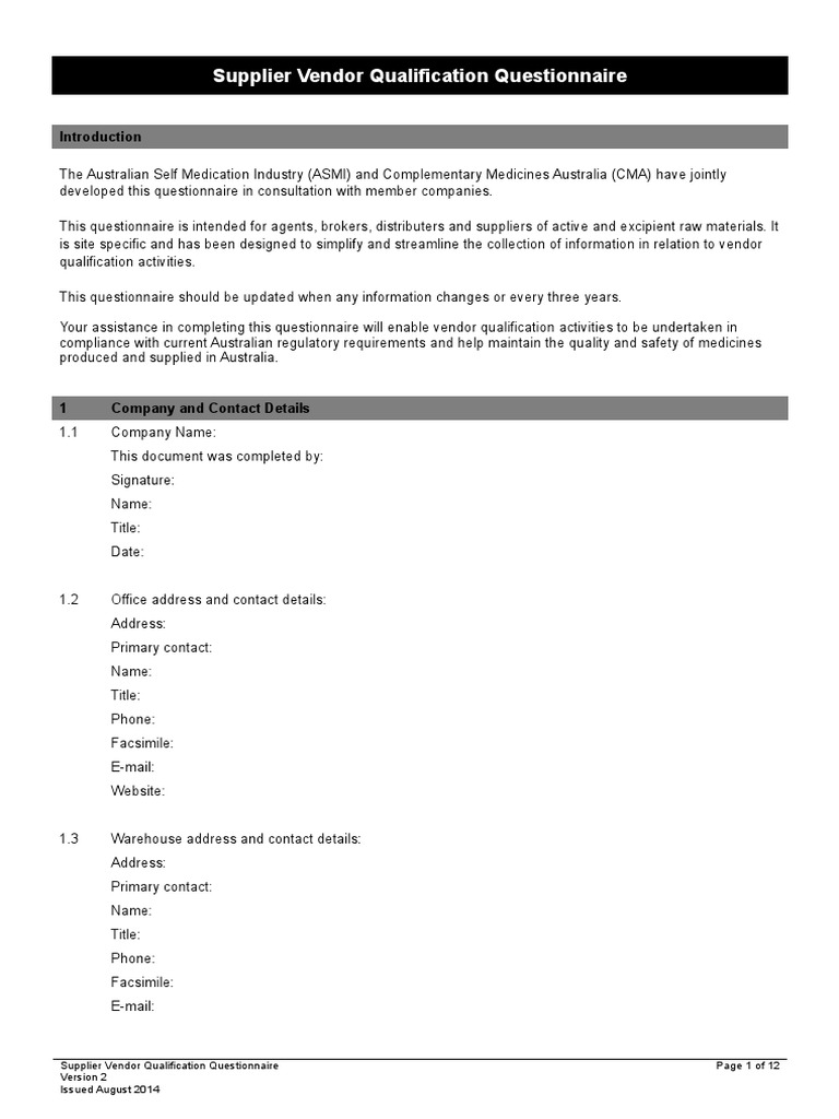 Supplier Vendor Qualification Questionnaire Issued August 2014 Page 1 ...