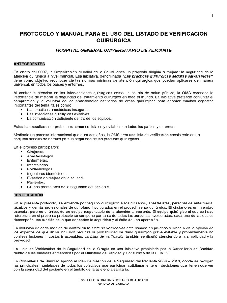 Protocolo de Checklist Quirúrgico OMS | PDF | Cirugía | Terapia intravenosa