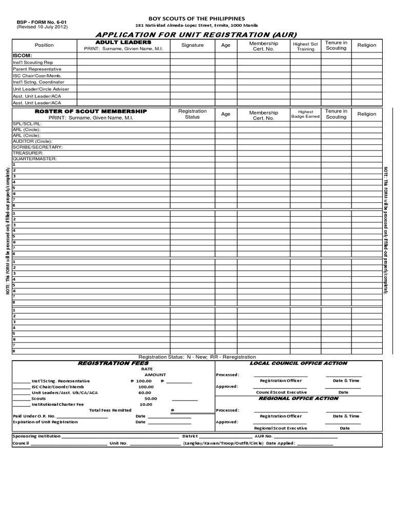 Application For Unit Registration (Aur) Boy Scouts Of The Philippines