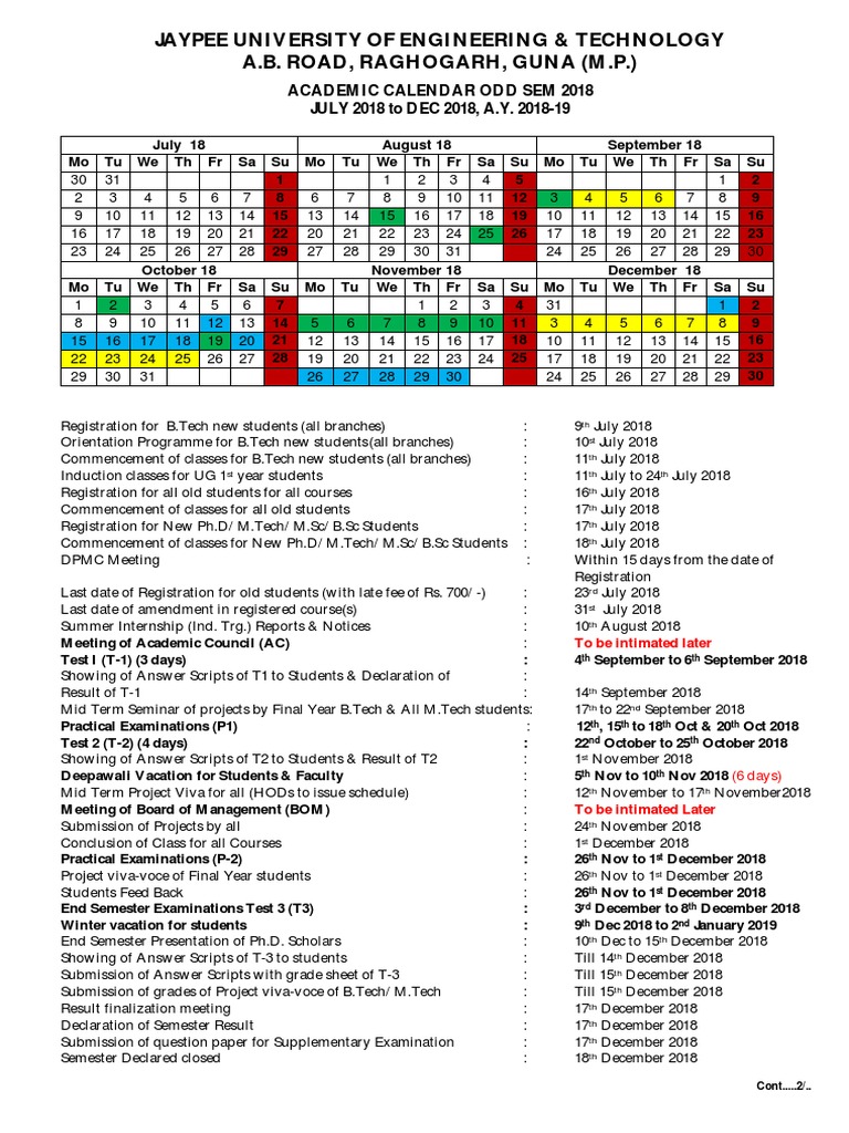JUET Academic Calendar Odd Sem July To Dec 2018 PDF PDF Academic