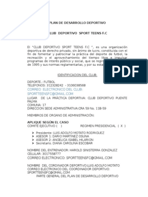 Modelo Plan de Desarrollo Deportivo Env | PDF | Deportes | Asociación de  Futbol