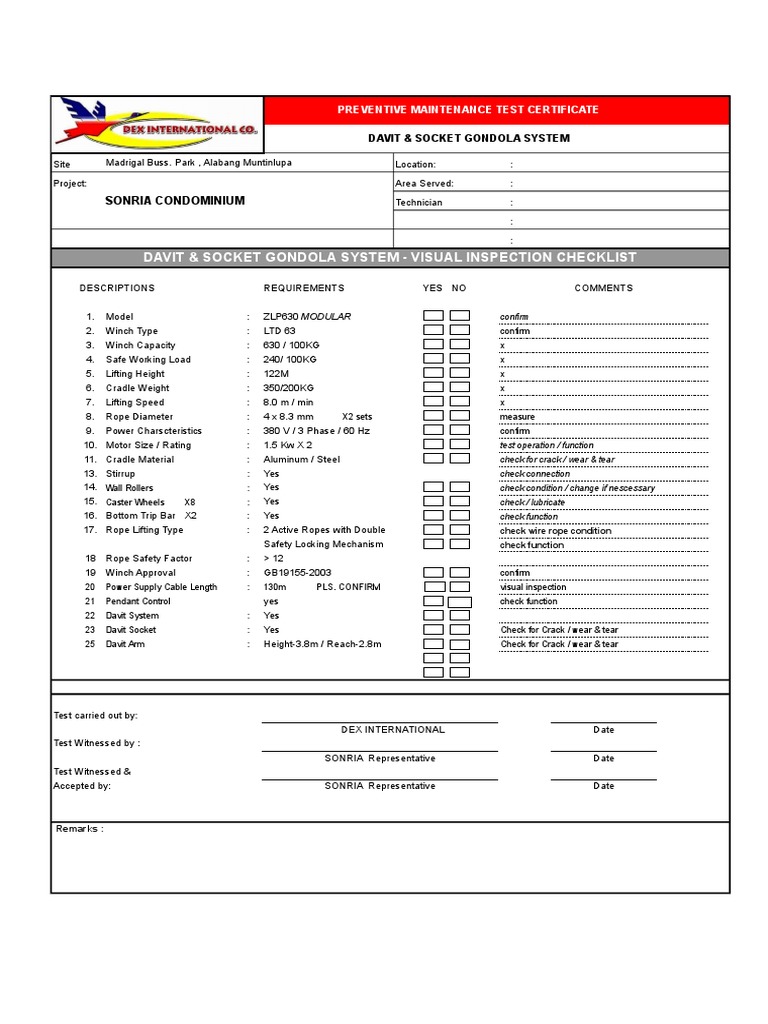 Davit & Socket Gondola System Visual Inspection Checklist Sonria