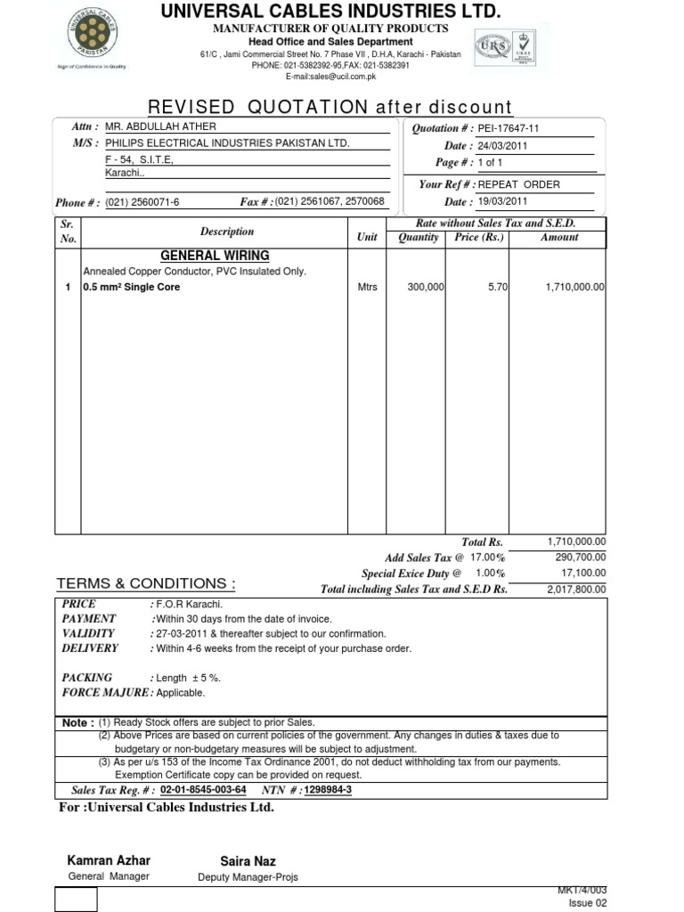 REVISED QUOTATION After Discount: General Wiring | PDF | Payments ...
