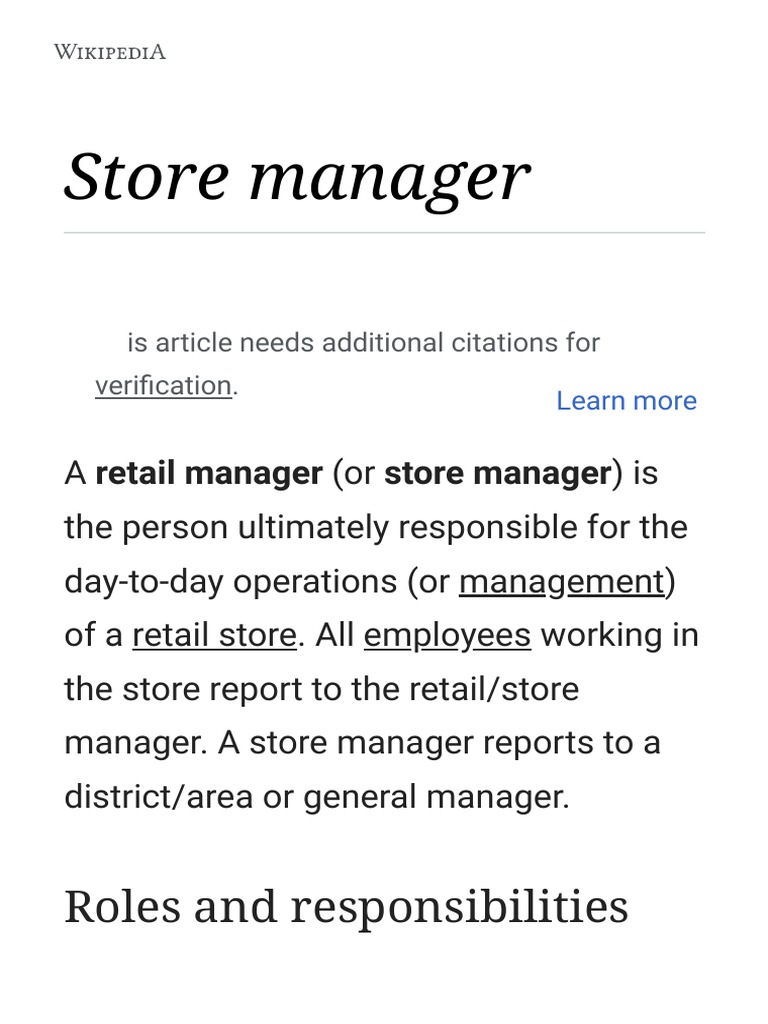 Store Manager - Wikipedia | Pdf | Retail | Employment