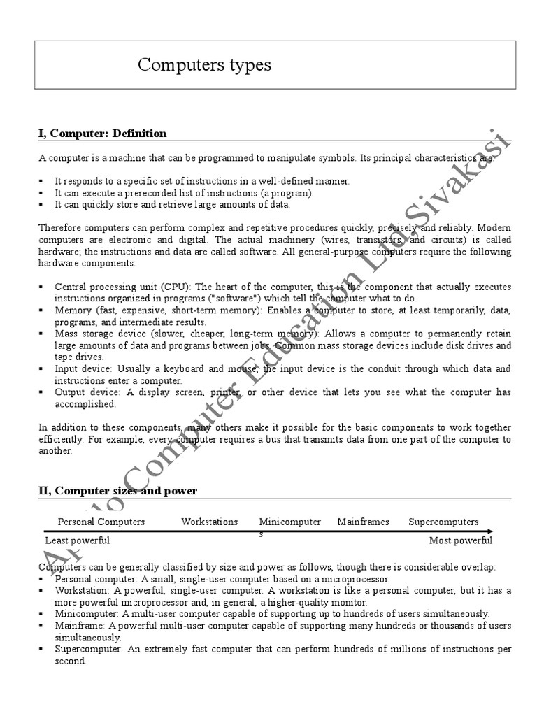 Computers Types I, Computer Definition PDF Personal Computers