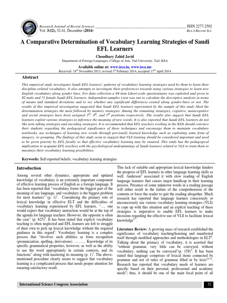 Vocabulary Learning Strategies in Saudi EFL | PDF | English As A Second ...