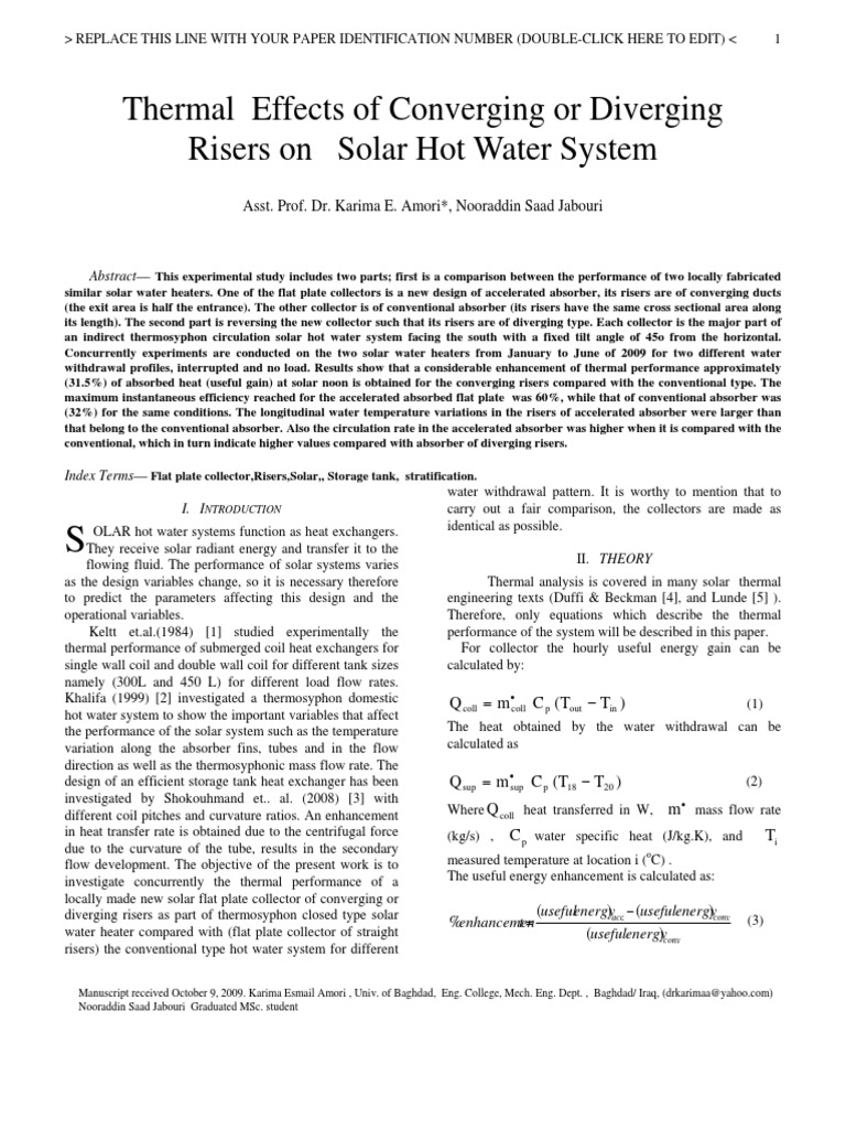 Thermal Effects of Converging or Diverging Risers On Solar Hot Water