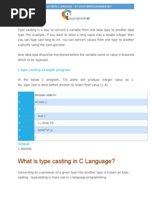 Type Casting In C Language Pdf Data Type Notation