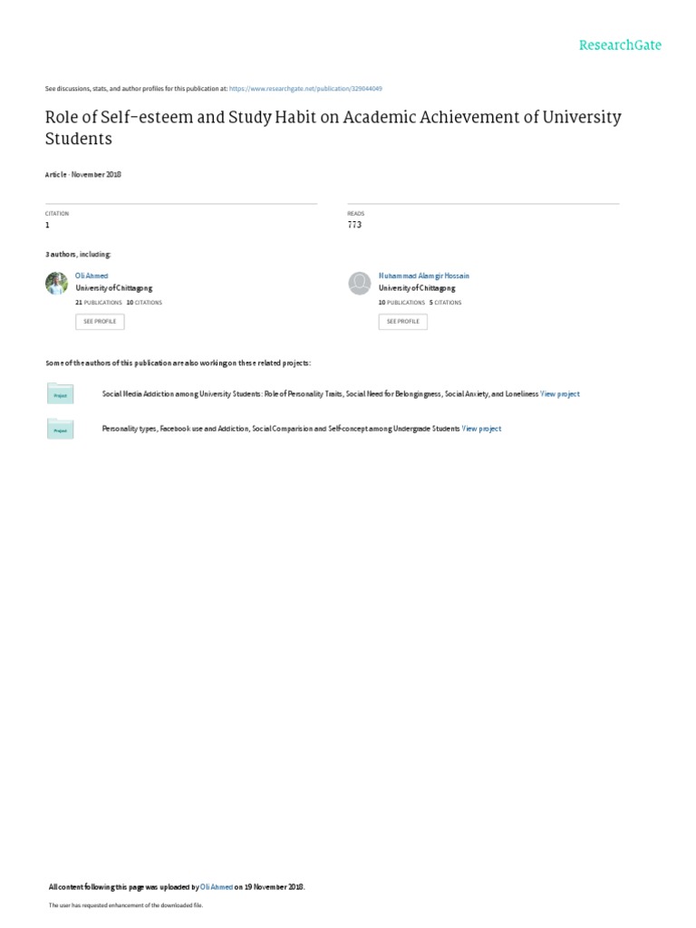 Role of Self-Esteem and Study Habit On Academic Achievement of ...