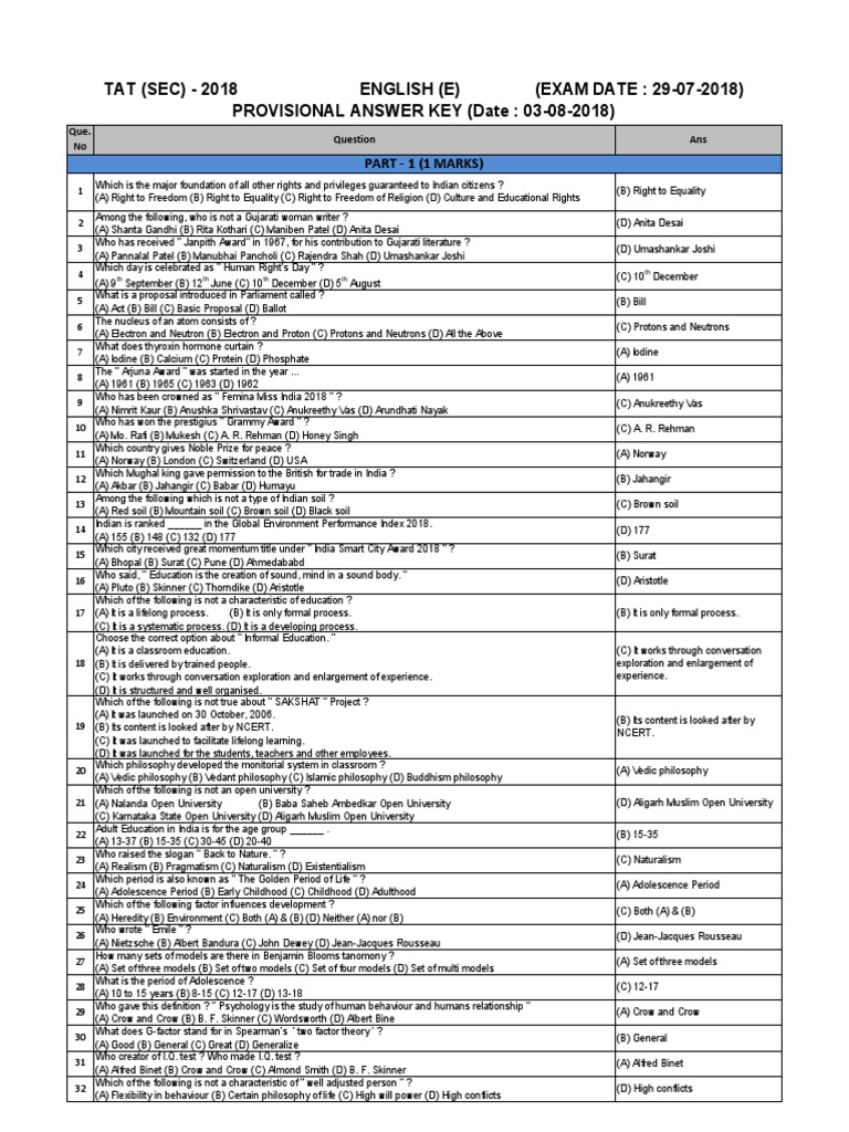 Tat (Sec) - 18 English (E-205) Answer Key | PDF | Teaching Method ...